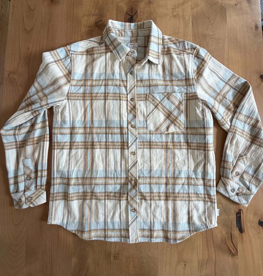 Rvca Plaid Flannel Shirt Size XS Cream Blue Brown Long Sleeve